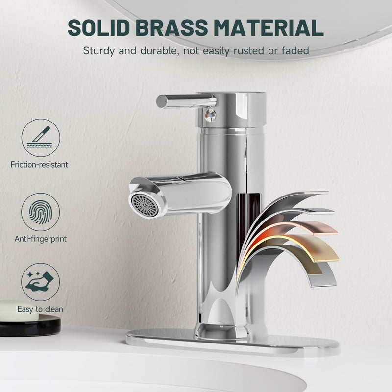 Green Spring Chrome Bathroom Faucet 1 Hole, Greenspring Single Lever Bathroom Sink Faucets Modern Deck Mount One Hole Lavatory Vanity Faucet with Deck Plate and Supply Line, Brass - Image 4